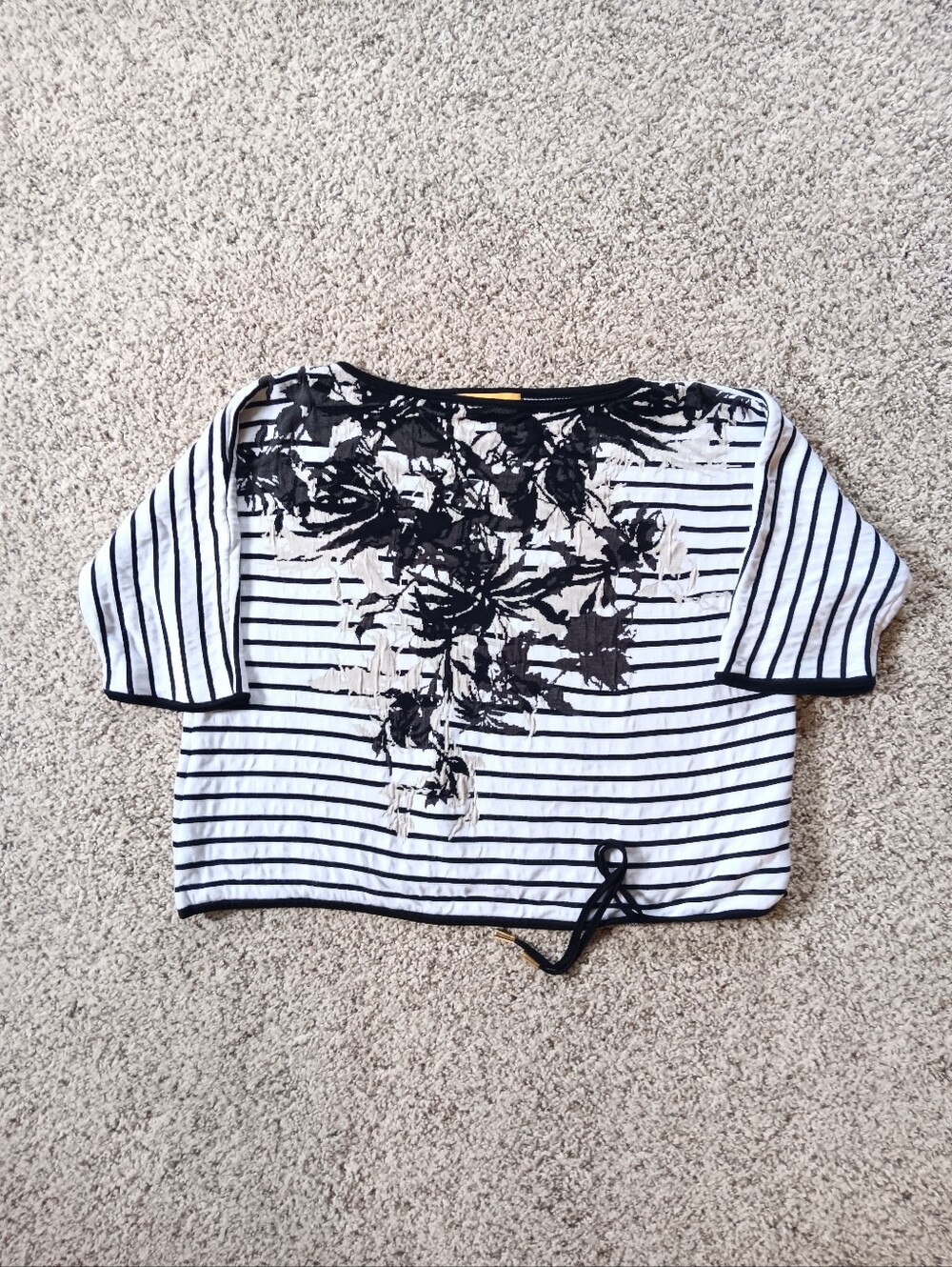 St. John Striped Black White Floral Abstract Half Sleeve Top Shirt Blouse Large